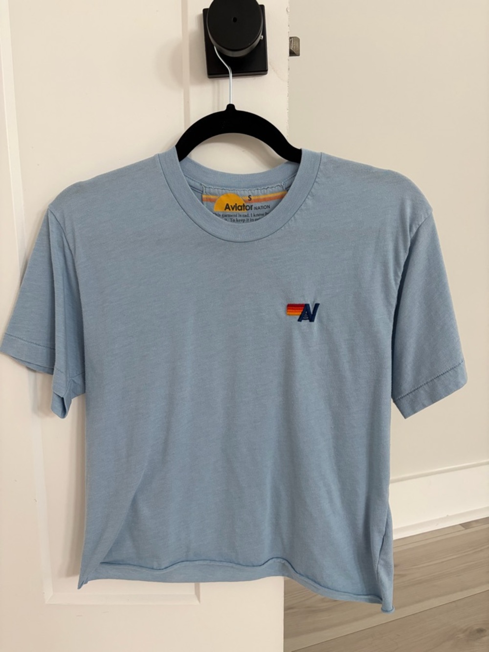 Aviator Nation Crop Light Blue Short Sleeve Crew Tee with Small Rainbow AV Logo